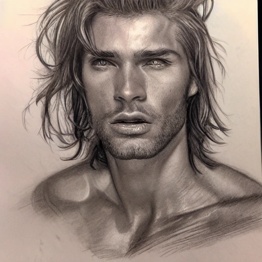 exquisite, pencil drawing, ruggedly handsome male model, charact ...