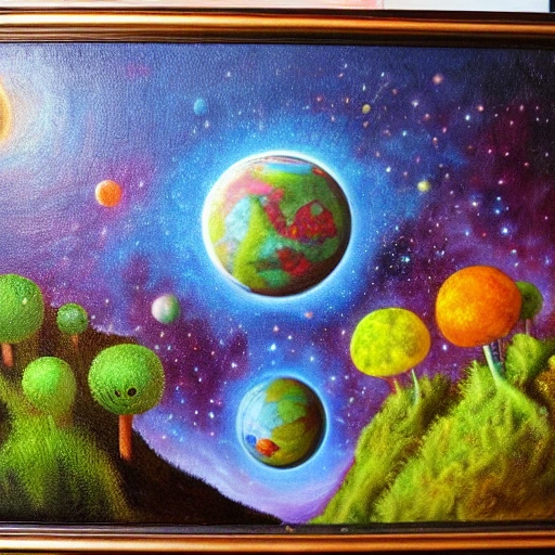 There is a planet in space half corrupt, half full of flora and fauna, the living part is maintained by a fungus as big as the world itself, Oil Painting