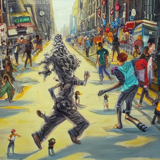 painting, in an apocalyptic world
giant foot stepping on people fleeing down a street
