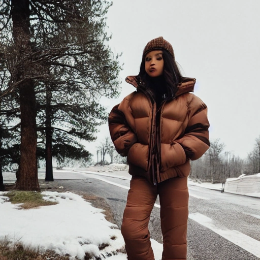 a pretty girl With brown eyes, white down jacket, loose pants