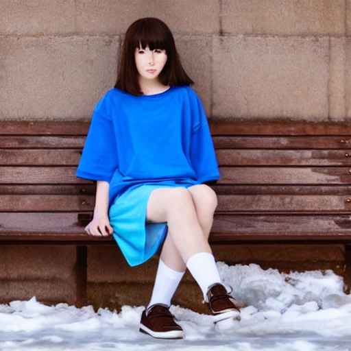 a beautiful girl sits on a bench in winter in a blue t-shirt in a blue skirt with a strap with a red strap, brown eyes, brown hair, red cheeks shy, looks down, hands in pockets,symmetrical details,anime style