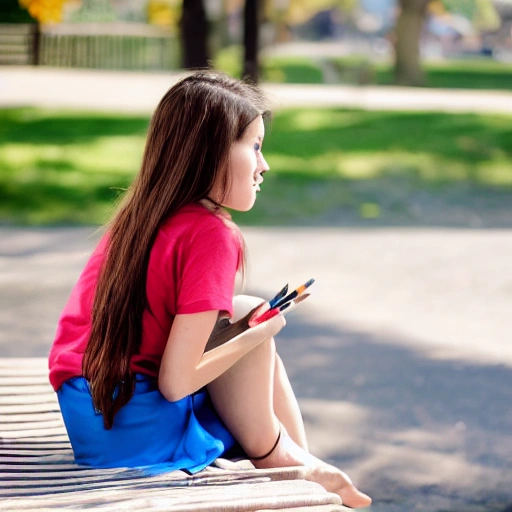 a beautiful girl sits on a bench in winter in a blue t-shirt in a blue skirt with a strap with a red strap, brown eyes, brown hair, red cheeks shy, looks down, hands in pockets, Pencil Sketch