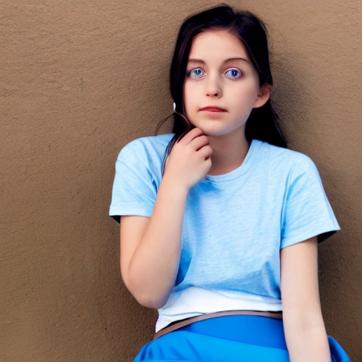 a beautiful girl sits in a blue t-shirt in a blue skirt with a strap with a red strap, brown eyes, brown hair,detailed face