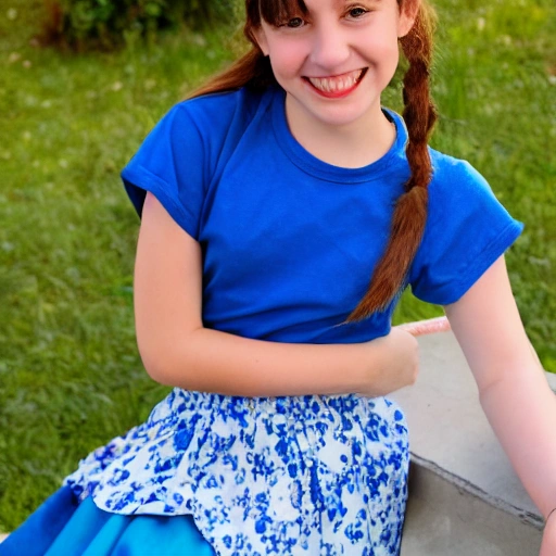 a beautiful girl sits in a blue t-shirt in a blue skirt with a strap with a red strap, brown eyes, brown hair,detailed face,Laughing