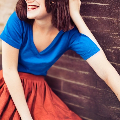 a beautiful girl sits in a blue t-shirt in a blue skirt with a strap with a red strap, brown eyes, brown hair,detailed face,Laughing,Beautiful eyes