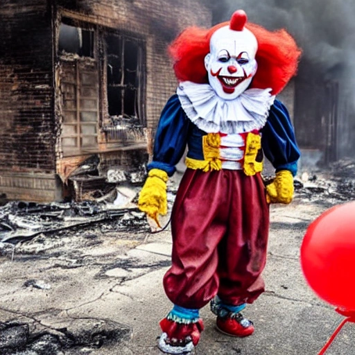 dancing clown pennywise standing near the burned house with a red balloon in his hand