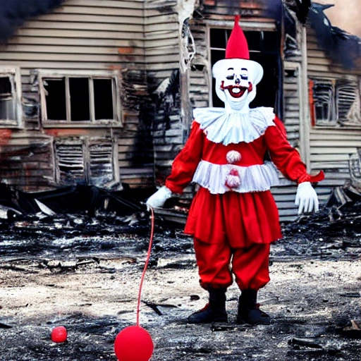 dancing clown pennywise standing near the burned house with a red balloon in his hand