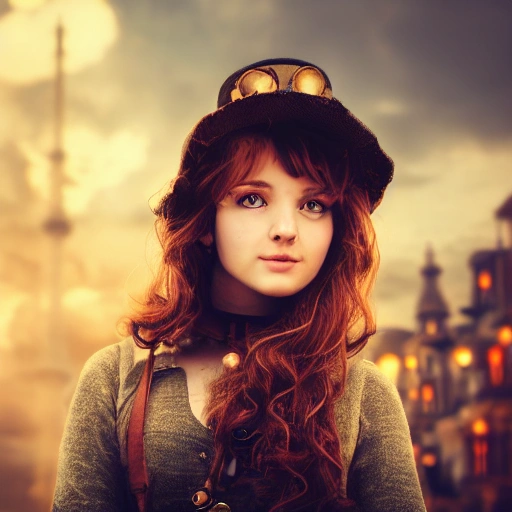 detailed, close up portrait of girl standing in a steampunk city with the wind blowing in her hair, cinematic warm color palette, spotlight, perfect symmetrical face, showing sadness
