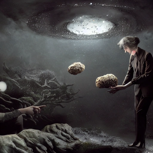 Tip. A surreal, otherworldly scene illustrated with top quality black truffles, caviar and more. With beautiful lighting and realistic proportions, just like the movie backdrop, created by popular artists Jeremy Geddes and Zara Gonzalez Hoang, 4k, clean, realistic faces, realistic eyes highest quality, realistic hands, in artstation trend, masterpiece