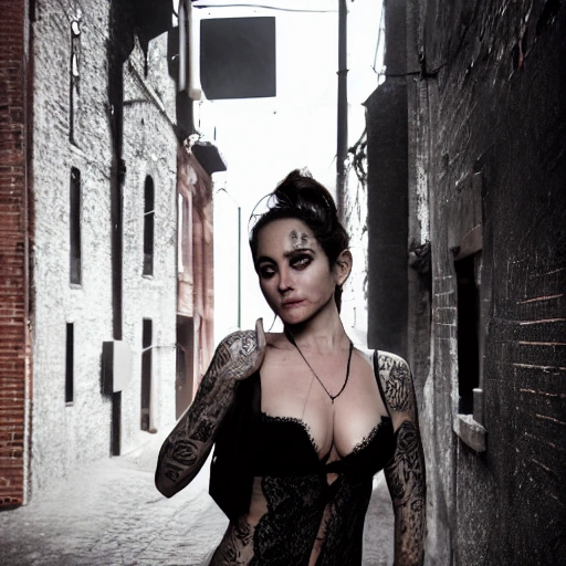 1 girl in black lace, white skin, like Sharon Stone, perfect breasts, detailed face, tattoos, spotlight, city alley in background, background blur, surreal, photography, 8K, epic ambient light, octane rendering