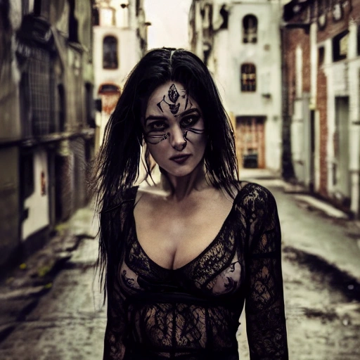 1 girl in black lace, white skin, like Sharon Stone, perfect breasts, detailed face, tattoos, spotlight, city alley in background, background blur, surreal, photography, 8K, epic ambient light, octane rendering