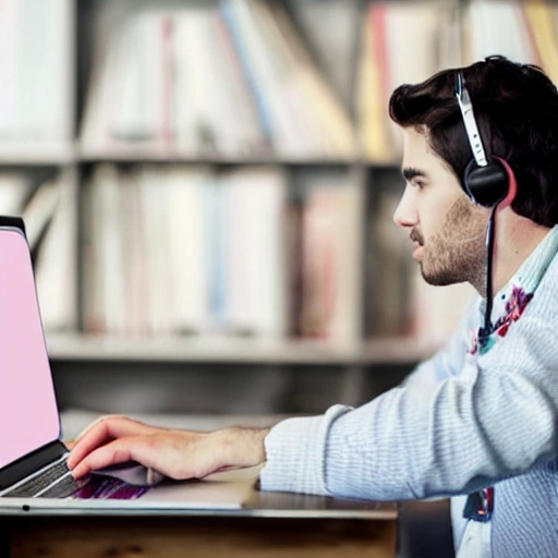 joven estudiando con notebook y auriculares, arte digital moderno