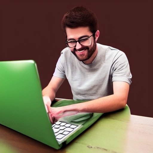 joven humanoide estudiando con notebook y auriculares, sonriendo, con ojos verdes, arte digital realista moderno