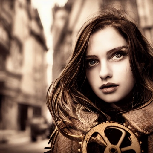 detailed, close up portrait of girl standing in a steampunk city with the wind blowing in her hair, cinematic warm color palette, spotlight, perfect symmetrical face