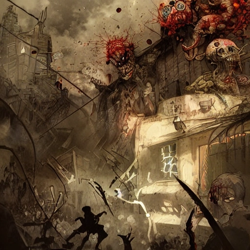 Award-winning, 8K digital painting in the style of Yoshitaka Amano. Detailed and intricate depiction of a zombie apocalypse, masterfully capturing the chaos and drama of the scene. 