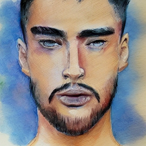 full face of attractive man, 3D, Water Color