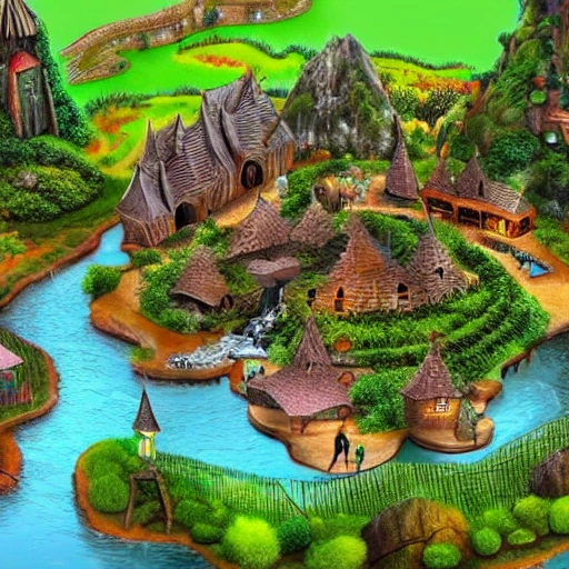 Fantasy village surrounded by dense forest with a river running through it.