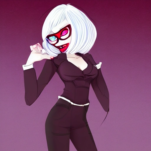 cartoon, demon girl, sexy, helltaker style, infernal landscape, big sworld, villain expression, 1 girl, purple suit, White hair, red eyes, 2d, White hair, short hair, glasses
