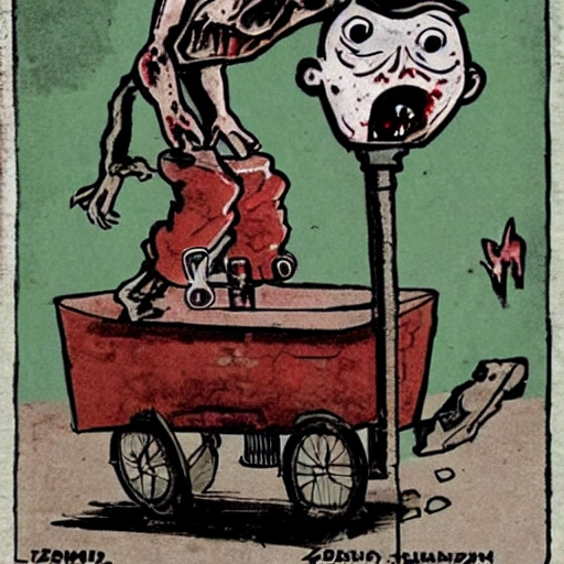 

drunken zombie with legs recycled from a wagon on top of a lamppost with a face of not knowing what is happening and a bottle of whiskey in one of the hands, Cartoon