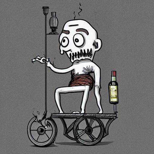 

drunken zombie with legs recycled from a wagon on top of a lamppost with a face of not knowing what is happening and a bottle of whiskey in one of the hands, Cartoon, 3D, Trippy