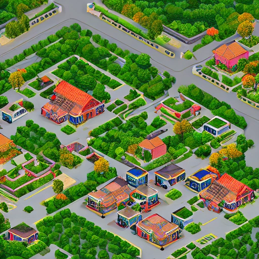 RPG Top Down Aerial View: A small village with several houses, a central square, and a nearby forest.