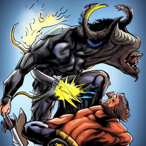 
Hyper realistic superhero boy cutting off the head of an infernal beast with a giant sword, Cartoon