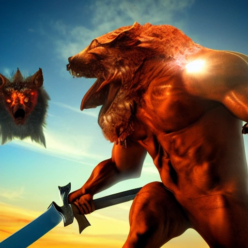 
Hyper realistic superhero boy cutting off the head of an infernal beast with a giant sword, Cartoon, 3D