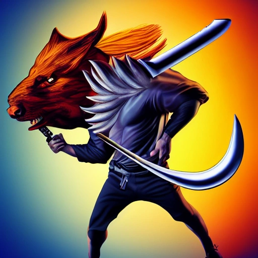 
Hyper realistic superhero boy cutting off the head of an infernal beast with a giant sword, Cartoon, 3D, Trippy