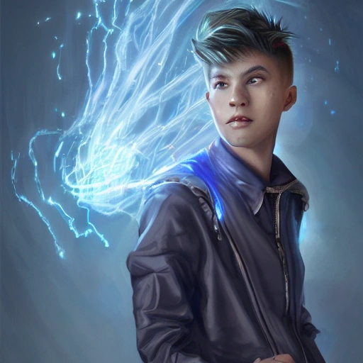 realistic portrait of young innocent teenager, magical d&d fantasy, futuristic mechanic school student uniform, metallic blue shaved hair, throwing large scale glowing magic shock absorber around him, overflowing energy, highly detailed digital painting, trending on artstation , pixiv, concept art, sharp focus, illustration, art by Ross Tran and Greg Rutkowski and animation by Walt Disney