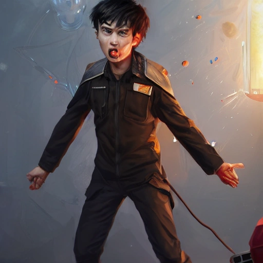 realistic portrait of very angry young teenage boy, magical d&d fantasy, futuristic mechanic school student uniform, hairless head, throwing glowing car shock absorber at policeman, overflowing dark energy, highly detailed digital painting, trending on artstation, pixiv, concept art, sharp focus, illustration, art by Ross Tran and Greg Rutkowski and animation by Walt Disney