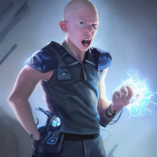 realistic portrait of very angry young teenage boy, magical d&d fantasy, futuristic mechanic school student uniform, hairless, throwing glowing car shock absorber at policeman, overflowing dark energy, highly detailed digital painting, trending on artstation, pixiv , concept art, sharp focus, illustration, art by Ross Tran and Greg Rutkowski and animation by Walt Disney