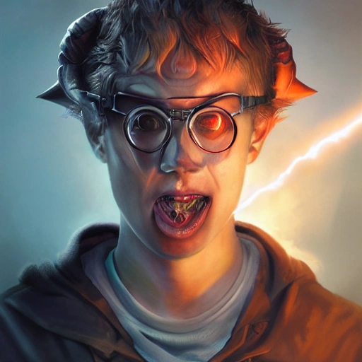 realistic portrait of very angry young teenage boy, satanic tattoos, magical d&d fantasy, futuristic mechanic uniform, no hair, throwing glowing tool at policeman, overflowing satanic dark energy, highly detailed digital painting, trending on artstation, pixiv, concept art, sharp focus, illustration, art by Ross Tran and Greg Rutkowski and animation by Walt Disney