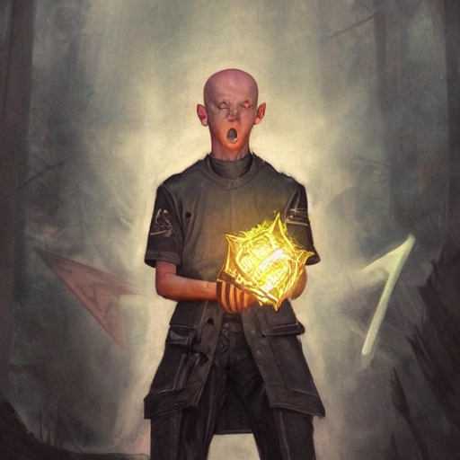 realistic portrait of very angry young teenage boy, satanic tattoos, magical d&d fantasy, futuristic mechanic uniform, no hair, throwing glowing tool at policeman, overflowing satanic dark energy, highly detailed digital painting, trending on artstation, pixiv, concept art, sharp focus, illustration, art by Ross Tran and Greg Rutkowski and animation by Walt Disney