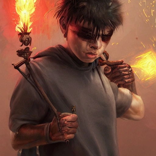 realistic portrait of very angry teenager, satanic tattoos, magical d&d fantasy, futuristic mechanic uniform, hairless, throwing hammer at policeman, surrounded by overflowing satanic dark energy, highly detailed digital painting, trending on artstation, pixiv, concept art, sharp focus, illustration, art by Ross Tran and Greg Rutkowski and animation by Walt Disney