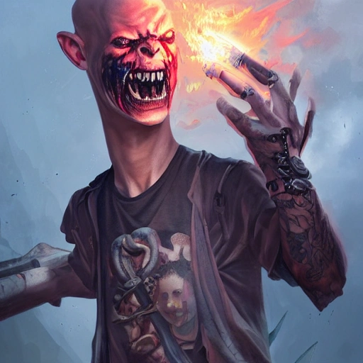 realistic portrait of very angry teenager, satanic tattoos, magical d&d fantasy, futuristic mechanic uniform, no hair on head, throwing hammer at policeman, surrounded by overflowing satanic dark energy, highly detailed digital painting, trending on artstation, pixiv, concept art, sharp focus, illustration, art by Ross Tran and Greg Rutkowski and animation by Walt Disney