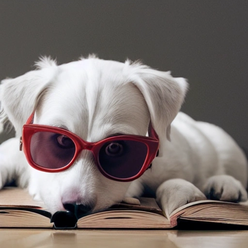 little white dog with glasses reading a book