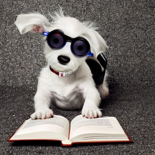little white dog jack russell with glasses reading a book, Trippy