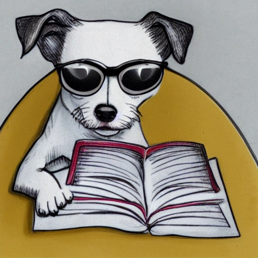 little white dog jack russell with glasses reading a book, Trippy, Pencil Sketch