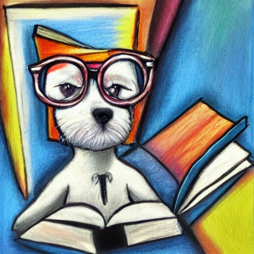 little white dog jack russell with glasses reading a book, Trippy, Pencil Sketch, Oil Painting