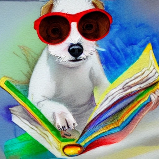 little white dog jack russell with glasses reading a book, Trippy, Pencil Sketch, Oil Painting, Water Color