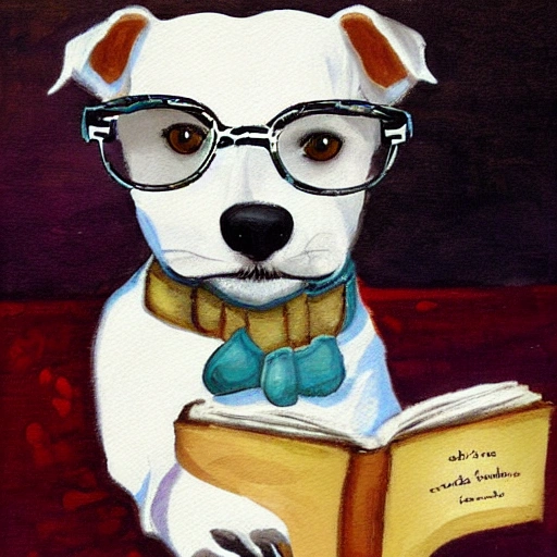 little white jack russell with reading glasses reading a book, painted by da vini
