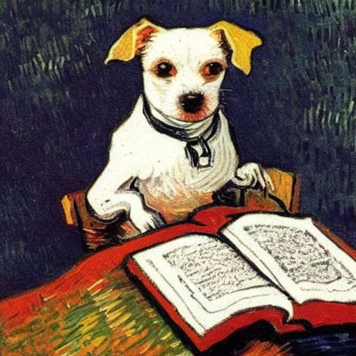 little white jack russell with reading glasses reading a book, painted by van gogh