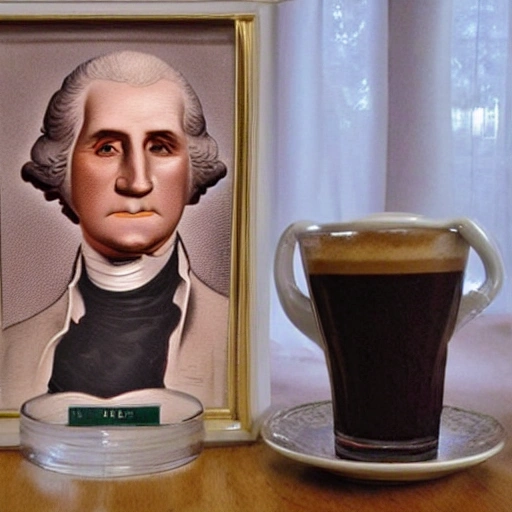 george washington  con traje clasico tomando cafe con una mensaje que diga  · El mejor cafe de barbados esta aqui, no lo digo yo, lo dicen mis invitados., 3D