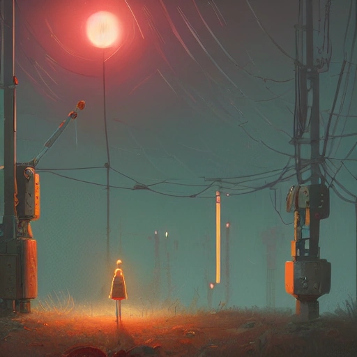 Award-winning 4K digital painting, in the style of Simon Stalenhag. Ultra detailed and intricate depiction of a robot and a girl wandering through a post-apocalyptic world, with beautiful lighting and a cinematic composition make this piece a true masterpiece, trending on artstation