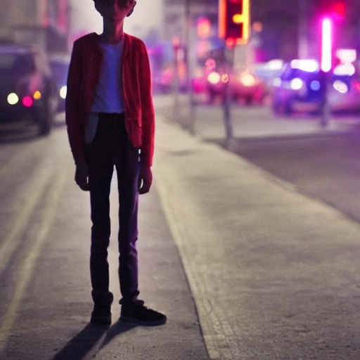 A highly detailed Skinny boy 5'8", 64 kg weight smoking on a neon light street
