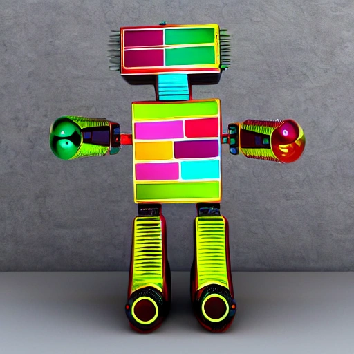 Un robot que se muestre como un dios, con un hermoso multicolor, cuerpo completo, en un fondo galáctico, 3D