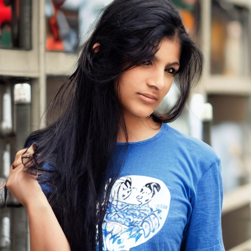 mexican girl. long black hair, blue tee, jeans.