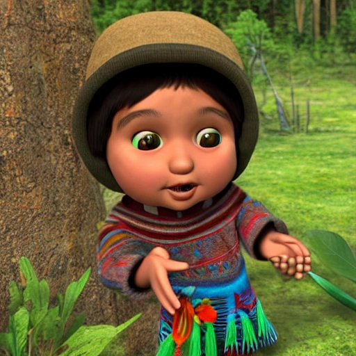 Curious Mapuche child eager to learn from nature. lives in an environment surrounded by native forest in southern chile, 3D, 3D, Cartoon