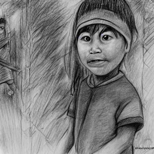 Curious Mapuche child eager to learn from nature. lives in an environment surrounded by native forest in southern chile, Cartoon, Pencil Sketch