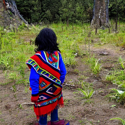 Curious Mapuche child eager to learn from nature. happy, lives in an environment surrounded by native forest in southern chile, , Cartoon